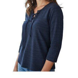 Croft & Barrow Navy Blue Shirt-Size L-3/4 Length Sleeves-Round Neck with Ties